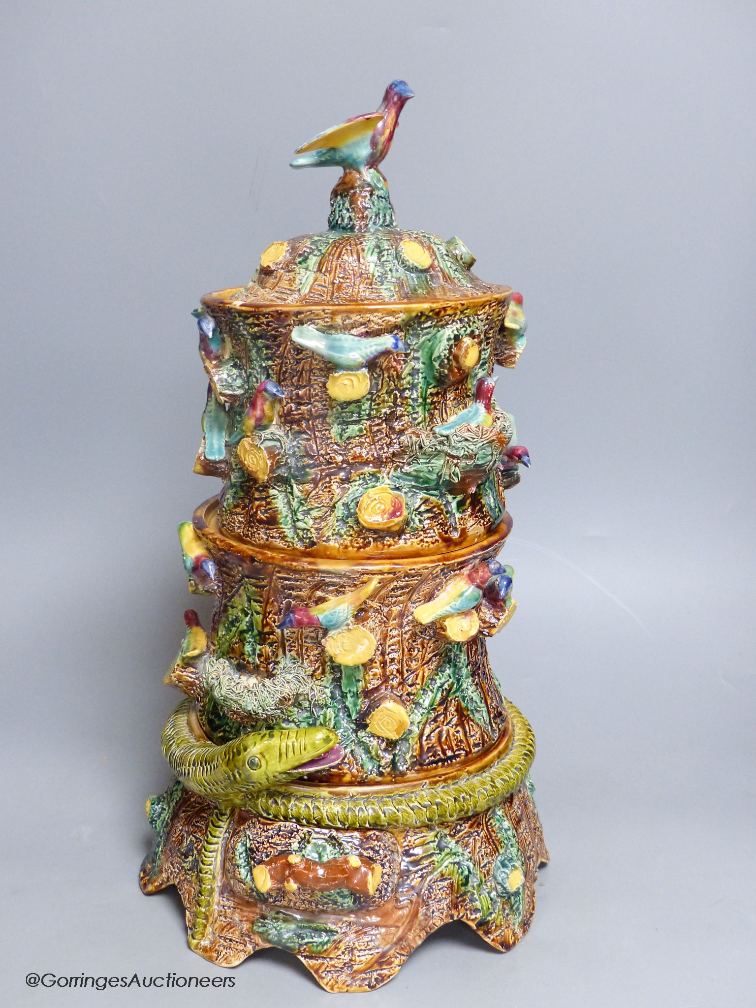 A Palissy style sectional pot pourri, signed Edward Coates, height 45cm